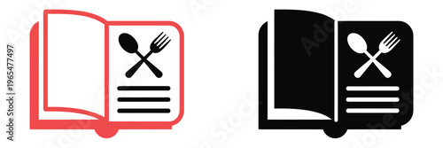 Menu, book icon set featuring crossed utensils and lines, cookbook and recipe book symbols, spoon and fork inside book, cooking learning concept, modern flat vector illustration for apps, websites, 