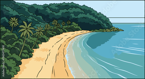 Idyllic tropical beach with lush green foliage and calm ocean waters