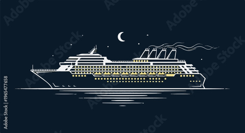 Illuminated cruise ship sails on dark water under a crescent moon and stars
