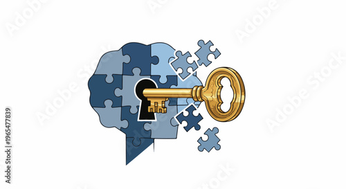 Golden key unlocks a jigsaw puzzle brain with loose pieces