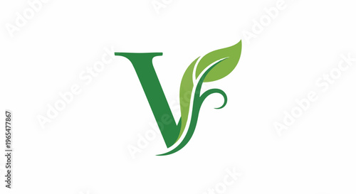 Green letter V with leaf flourishes and organic swirls