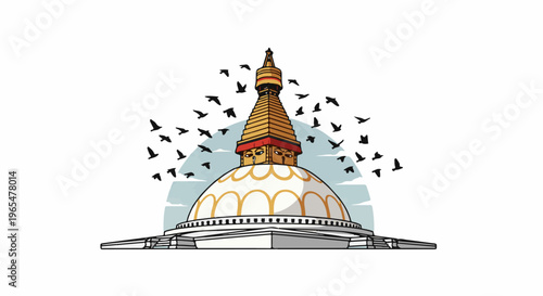 Golden stupa with Buddhist eyes and circling birds