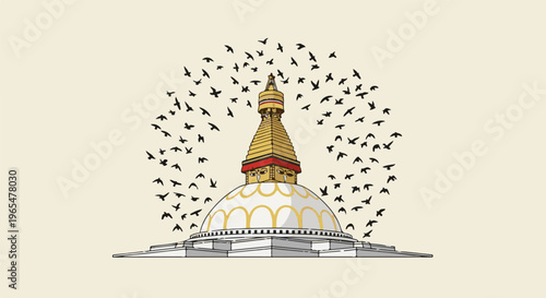 Golden stupa with flock of birds flying around on beige background
