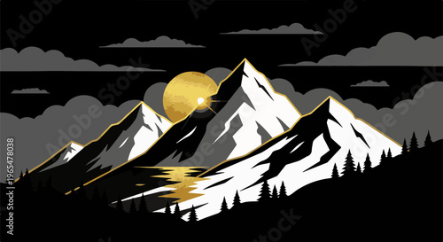 Golden sun illuminates snow-capped mountains with a reflective river