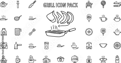 Grill Icon Pack - Outline Vector Illustrations of Cooking, Kitchenware, and Barbecue Tools Collection