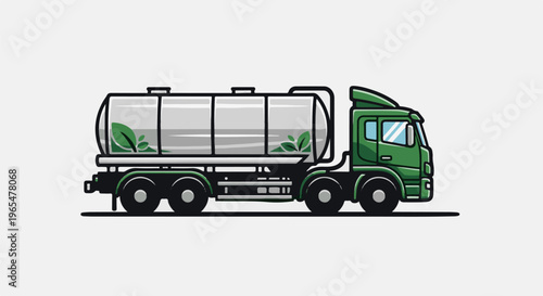 Green tanker truck with leaves in tank, symbolizing eco-friendly transport
