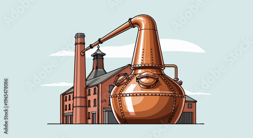 Large copper still with chimney and brick building behind