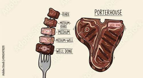 Illustration of porterhouse steak levels of doneness on fork and whole cut