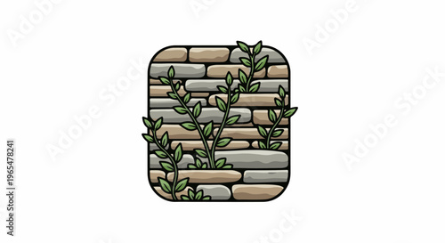 Greenery grows through a textured stone wall within rounded corners