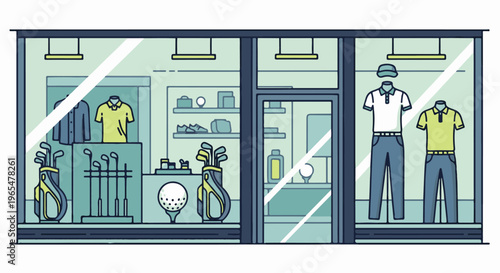 Golf shop window display with apparel, clubs, and balls