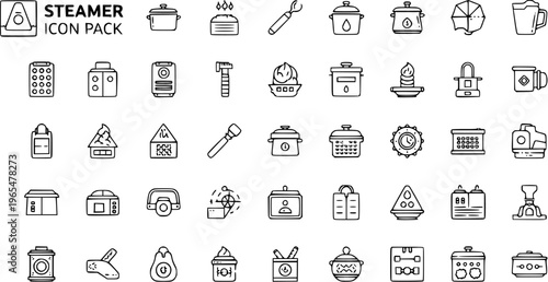 Steamer Icon Pack: Outline Style Kitchen Appliances, Food Preparation Tools, and Cooking Utensils Set