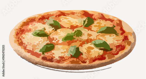 Cheesy pizza with tomato sauce and basil crispy crust isolated on white