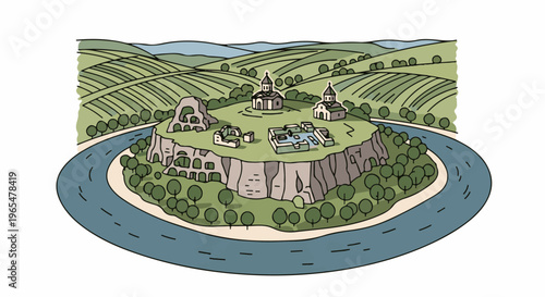 Illustration of a fortified ancient settlement on a cliff overlooking a river