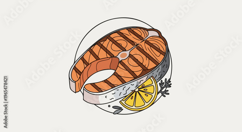 Grilled salmon steak with lemon slice and herbs on a plate