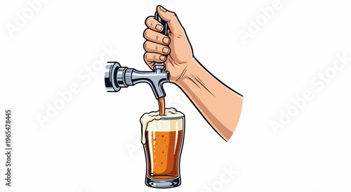 Hand pouring frothy amber liquid into a glass from a tap