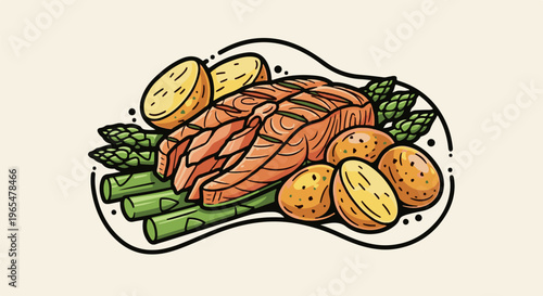 Grilled salmon with roasted potatoes and asparagus on a plate