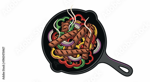 Grilled sausages and colorful sliced vegetables sizzling in a cast iron pan
