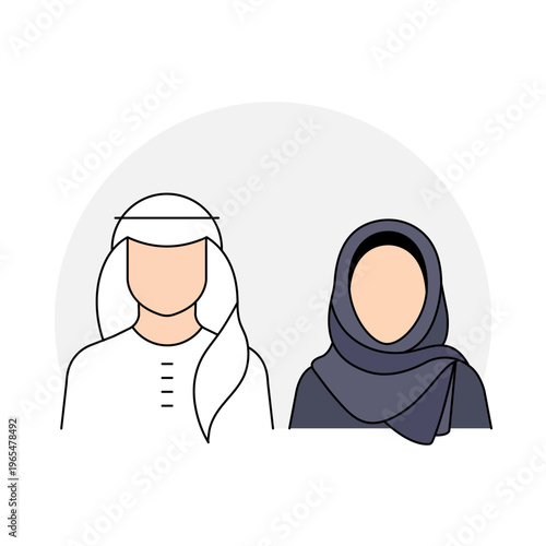 Arab Couple Line Icon with Cultural Dress and Shemagh Headscarf with editable stroke.