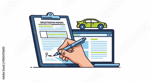 Hand signing car registration papers on a laptop