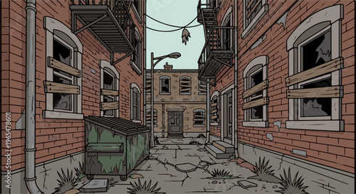 Grimy urban alley with boarded windows, graffiti, and trash