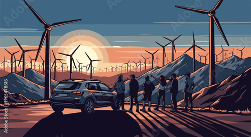 Group observes sunset over rolling hills with vast wind turbines