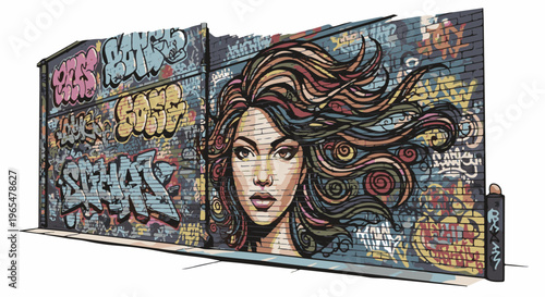 Graffiti art mural of a woman's face and colorful abstract designs on a brick wall