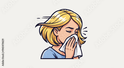 Illustration of a woman with blonde hair blowing her nose with a tissue
