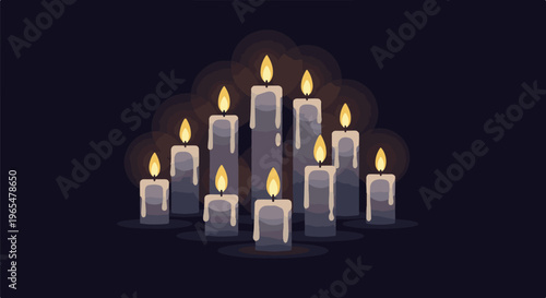Group of burning candles in a dark, atmospheric setting