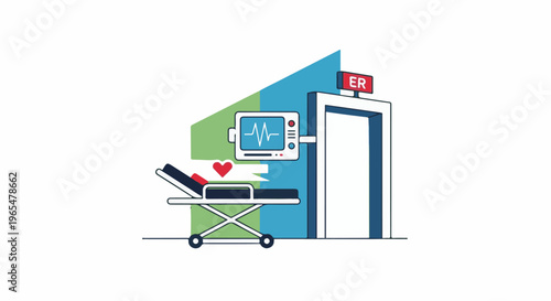 Illustration of an emergency room entrance with a gurney, vital signs monitor, and heart