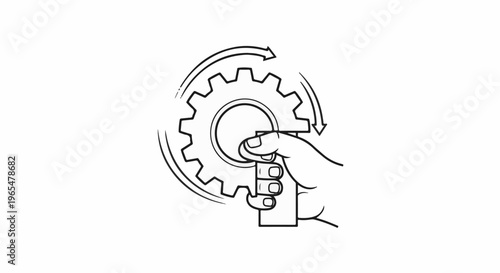 Hand turning a gear with rotational arrows indicating movement