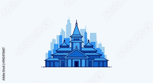 Flat design of a blue building with multiple tiers and a spire, set against a city skyline