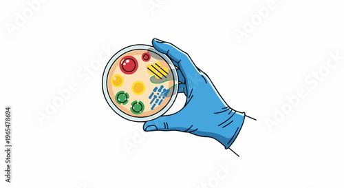 Hand wearing a blue glove holds a petri dish with colorful cultures