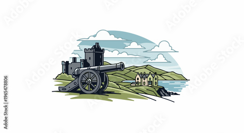 Historic castle and cannon guard a serene coastal village under a cloudy sky