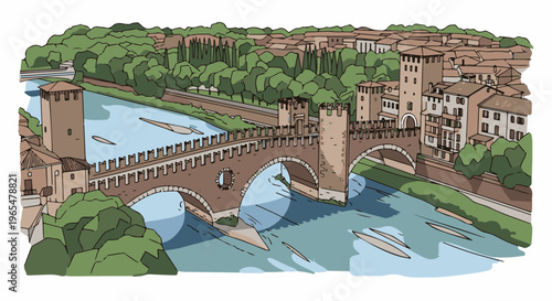 Historic stone bridge with towers arches crossing river past old buildings