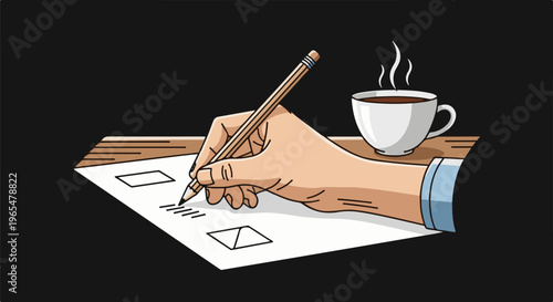 Hand writing on paper with cup of hot coffee