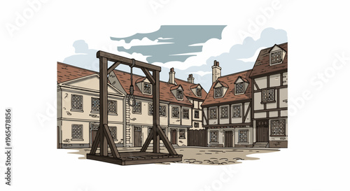 Historic town square with gallows and old buildings