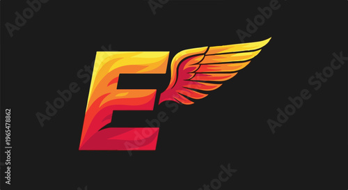 Flaming letter E with wing, dark background, digital art