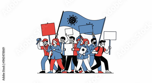 Group protest with flags, signs, and face masks