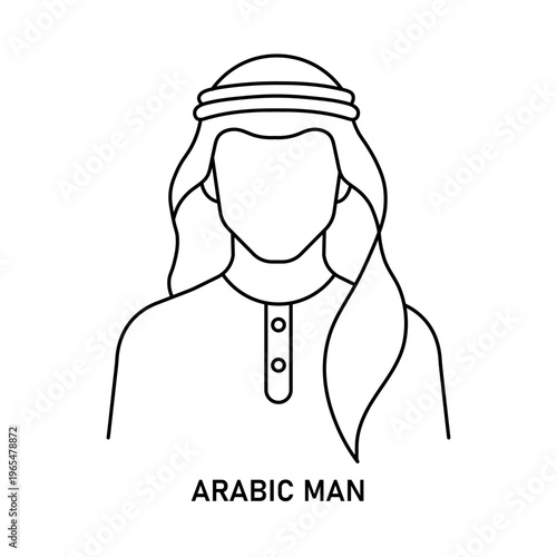 Arab Male Avatar Line Icon with Cultural Head Cover. Saudi Man Outline Icon with Kandura and Shemagh with editable stroke.