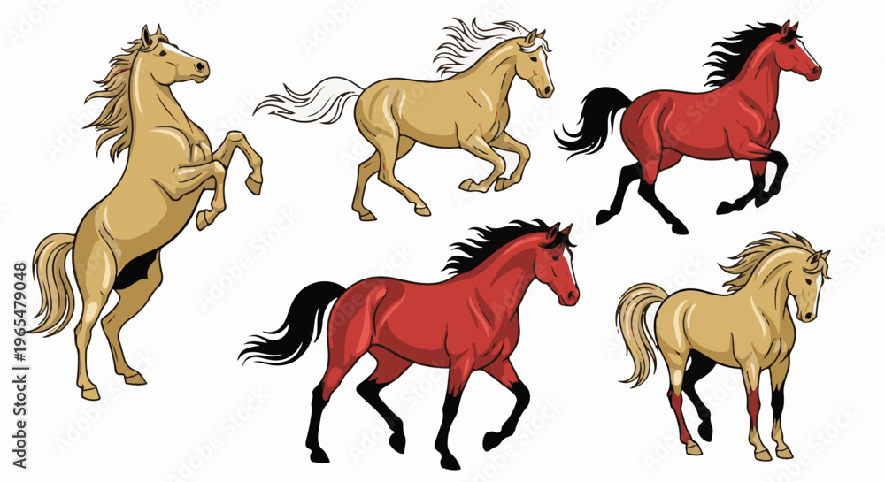 Fototapeta premium Five pixelated horses, two brown, three red, in various running poses