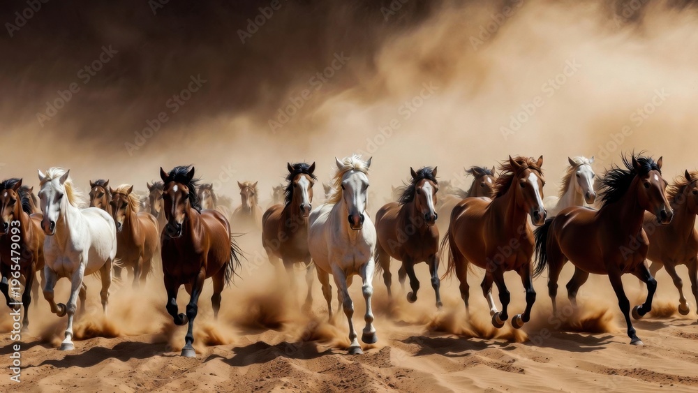Obraz premium Mixed herd of horses running across sandy desert under dust