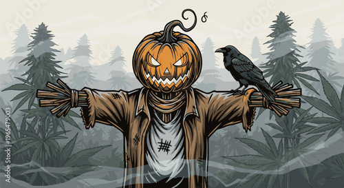 Halloween scarecrow with pumpkin head and crow perched on arm in misty forest