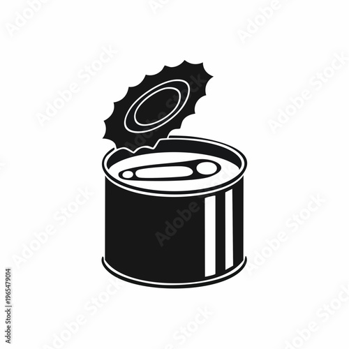 Minimalist black and white illustration of an open canned food isolated on white backdrop