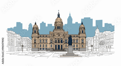 Grand public building with domes and statue on a wide plaza, modern city skyline backdrop
