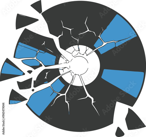 Broken vinyl record vector illustration, shattered music disc with flying shards, destroyed vintage analog audio record in black and blue