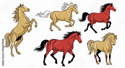 Five pixelated horses, two brown, three red, in various running poses