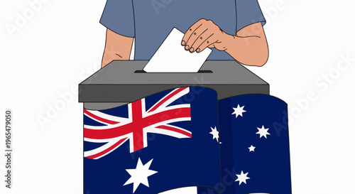 Hand casting vote into ballot box adorned with Australian flags