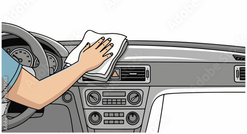 Hand cleaning car dashboard with a cloth, showing steering wheel and controls