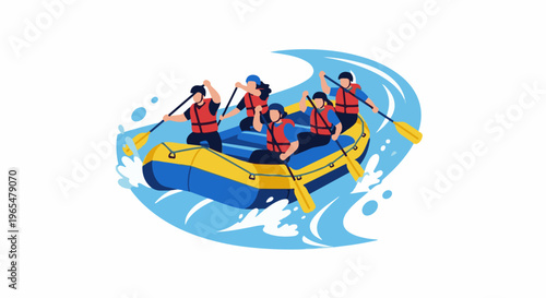 Five people in a raft paddling down a river, white background