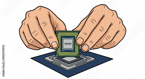 Hands carefully placing a computer processor with "CACHE" label onto a socket